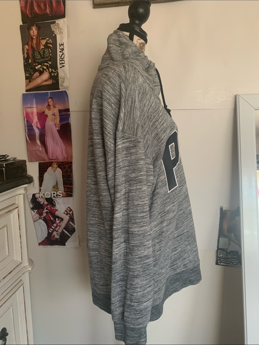 PINK Victoria's Secret Gray Funnel Neck Hoodie with Black Logo - Picture 3 of 10